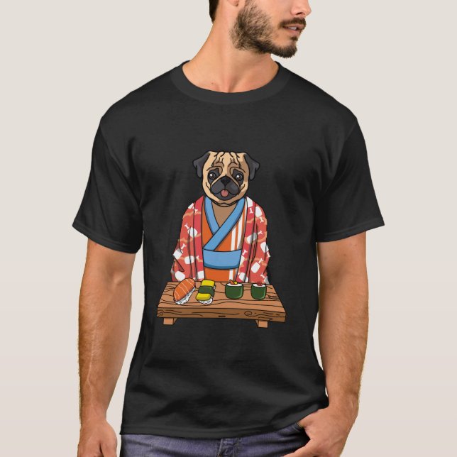 Camiseta Kawaii Perro de Pug Japonés Kimono Sushi (Anverso)