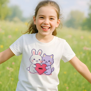 Camiseta Kawaii Pixel Personalizado de niños Bunny & Cat He