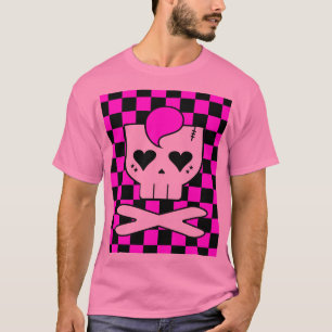 Camiseta Kawaii Psychobilly Rosa Calavera y Cuadro Vichy
