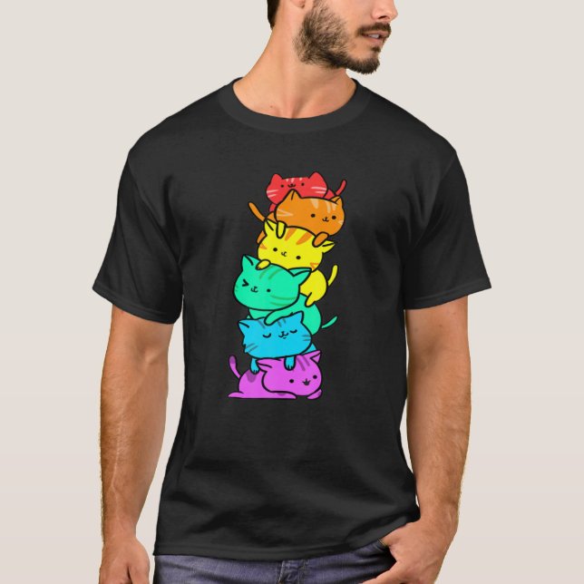 Camiseta Kawaii Rainbow Cat Pile For LGBT Gift For Cat Love (Anverso)