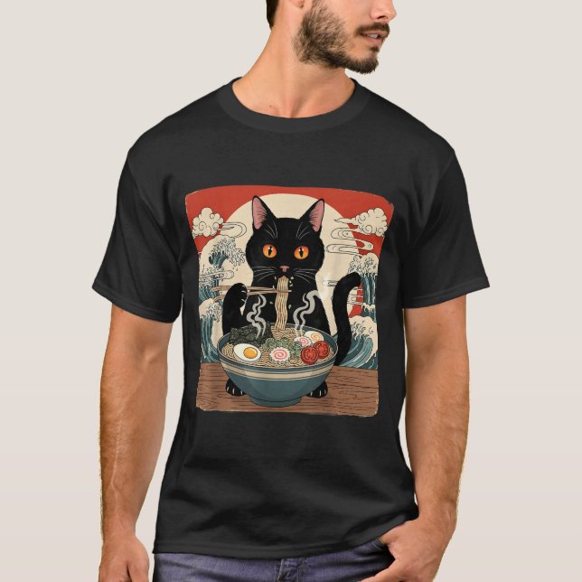 Camiseta Kawaii Ramen Cat Anime Japanese Noodles Food Wave  (Anverso)