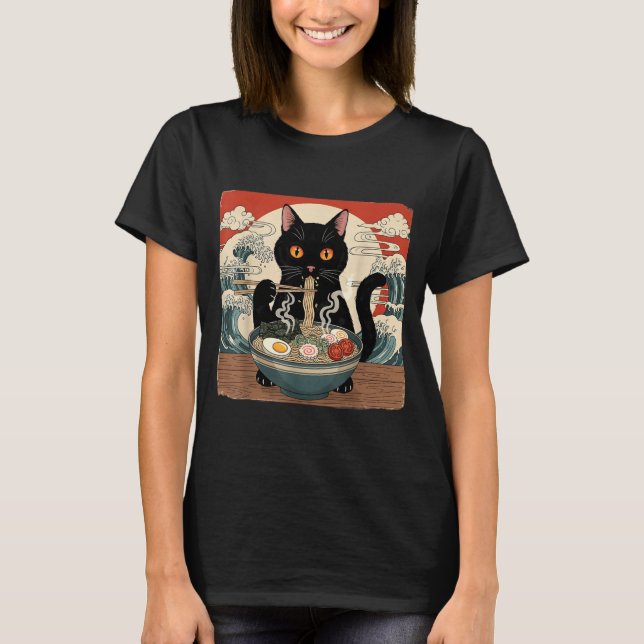 Camiseta Kawaii Ramen Cat Anime Japanese Noodles Food Wave  (Anverso)