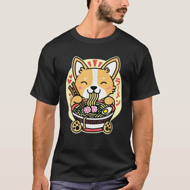 Camiseta Kawaii Ramen Cute Perro Anime Corgi Fideos Japones (Anverso)