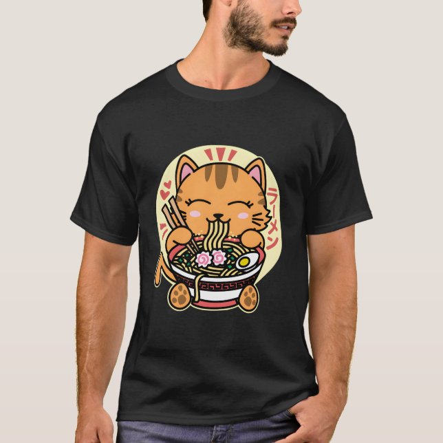 Camiseta Kawaii Ramen lindo gato Naranja anime fideo japoné (Anverso)