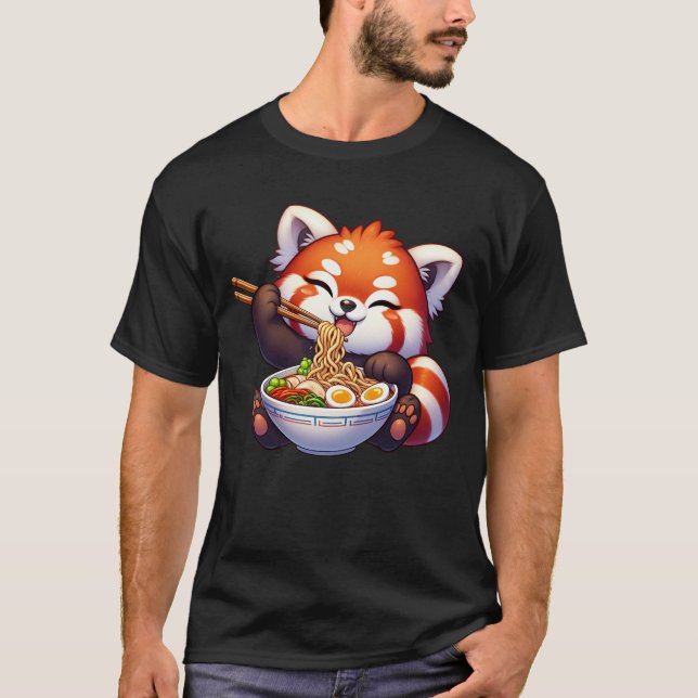 Camiseta Kawaii Red Panda comiendo fideos de Ramen Anime (Anverso)