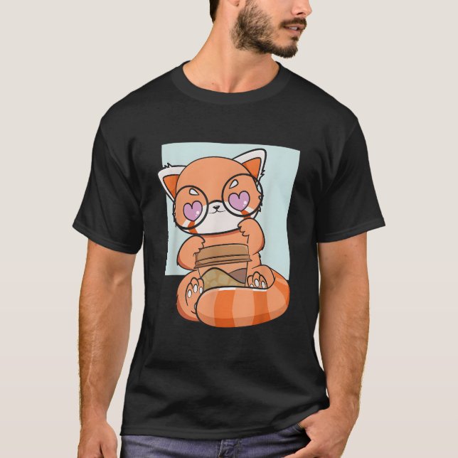 Camiseta Kawaii Red Panda Drinking Coffee Anime Bear (Anverso)