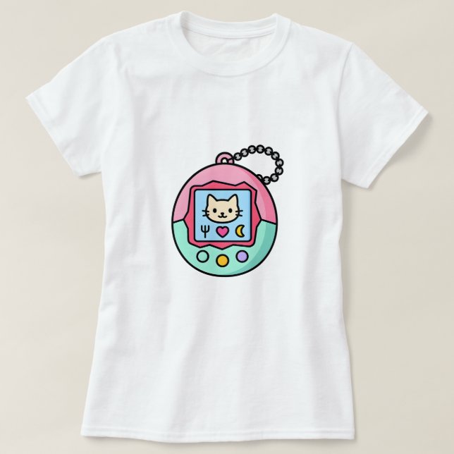 Camiseta Kawaii Retro Virtual Pet – Pastel Cat Screen  (Diseño del anverso)