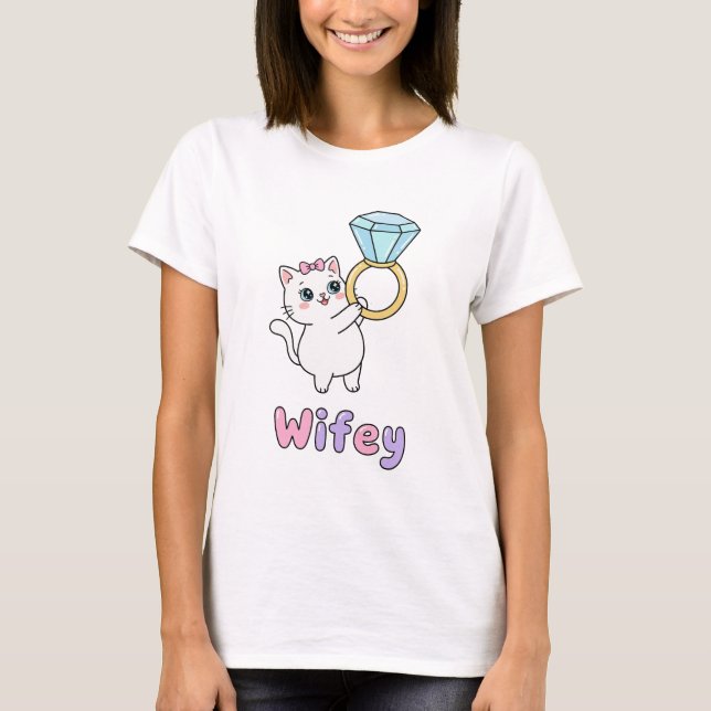 Camiseta Kawaii Ring Cat Wifey Cute Wedding (Anverso)