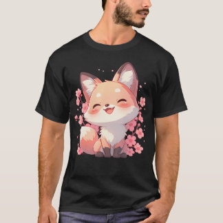 Camiseta Kawaii Sakura Kitsune Zorro Lindo Flor de Cerezo