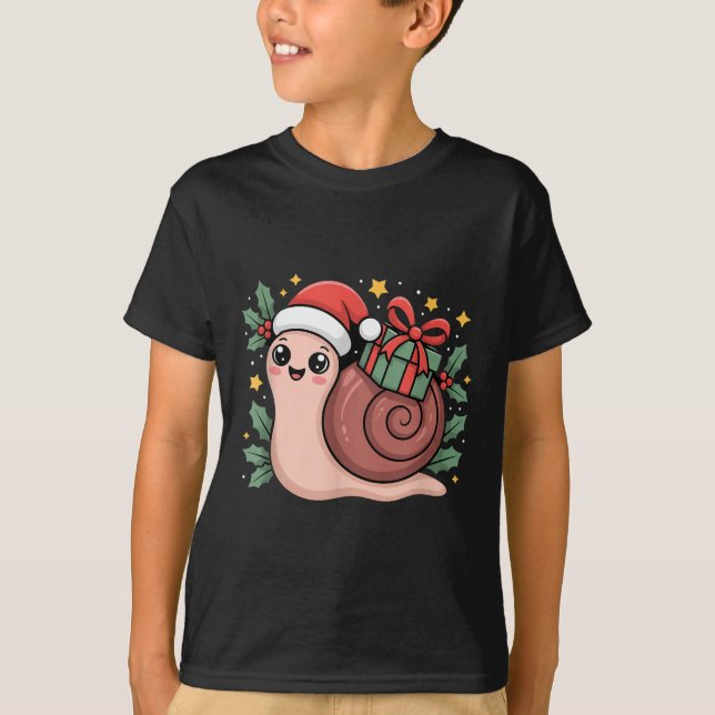 Camiseta Kawaii Santa Snail With Wrapped Box And Holly Star (Anverso)
