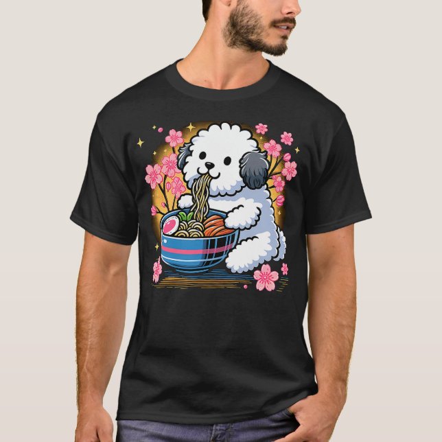 Camiseta Kawaii Sheepadoodle dog Eating Ramen (Anverso)