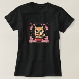 Camiseta Kawaii Shiba Inu Comiendo Fideos Ramen Japoneses 