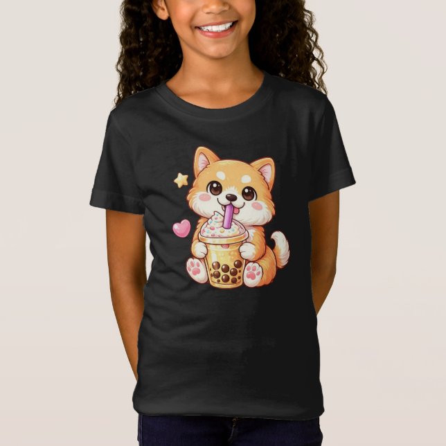 Camiseta Kawaii Shiba Inu Drinking Bubble Tea Unisex (Anverso)