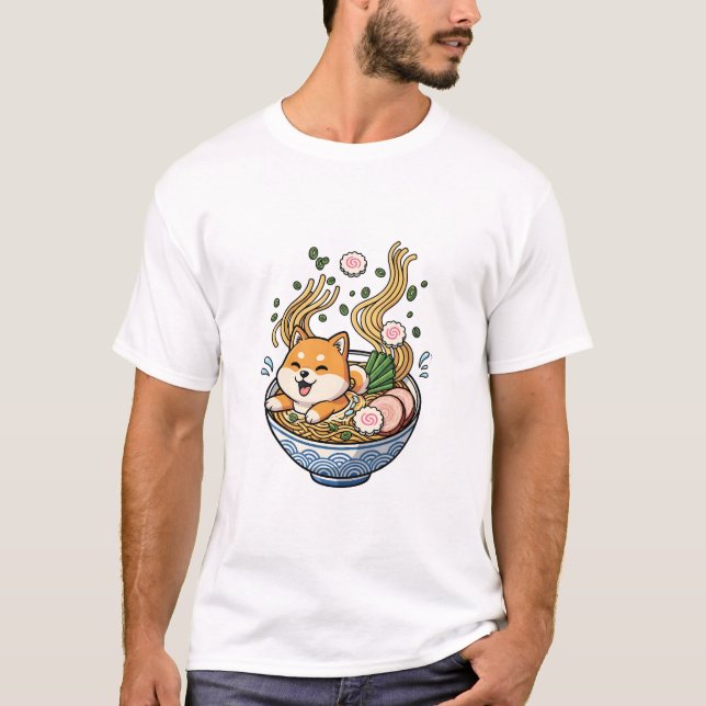 Camiseta Kawaii Shiba Inu Puppy Bathing in Japanese Ramen N (Anverso)