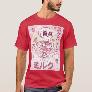Camiseta Kawaii Skeleton Fresa Leche japonesa Kawaii Pa