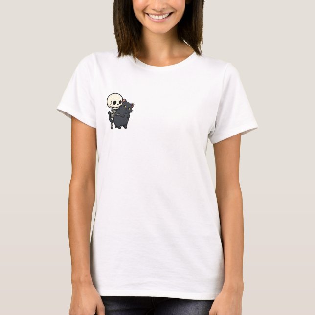 Camiseta Kawaii Skeleton Hugging Chubby Black Cat - Spooky (Anverso)