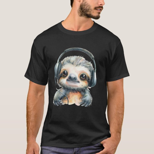 Camiseta Kawaii Sloth Headphones Animal Sketch Music Lover (Anverso)
