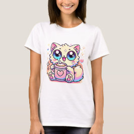 Camiseta Kawaii Sparkly Cat con café Mug Cute tee