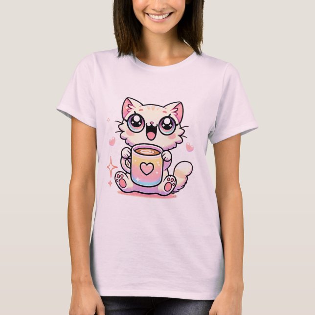 Camiseta Kawaii Sparkly Cat con tazas de café con arcoiris (Anverso)