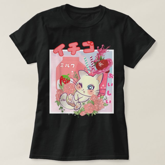 Camiseta Kawaii Strawberry Milk Cat Aesthetic (Diseño del anverso)