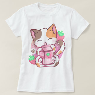 Camiseta Kawaii Strawberry Milk Cat Design