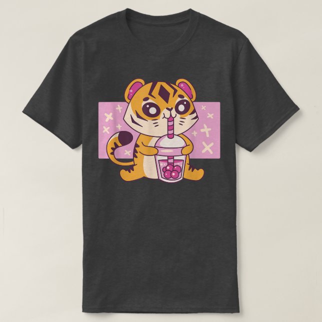 Camiseta Kawaii Tiger Baby con Boba Tea Cupe en Japón (Diseño del anverso)