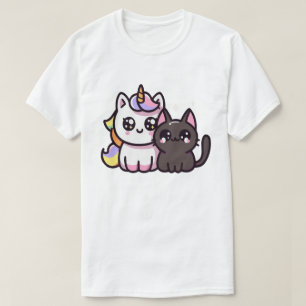 Camiseta Kawaii Unicornio y Gato Negro Arte de Fantasía Ado