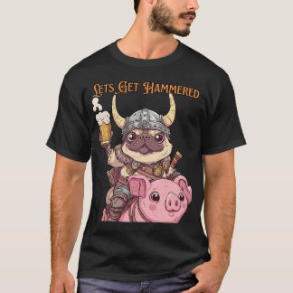 Camiseta Kawaii Viking Pug Cabalgando Cerdo con Cerveza Ado