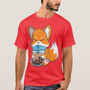 Camiseta kawaii zorro lindo bebiendo té de burbuja de té bo
