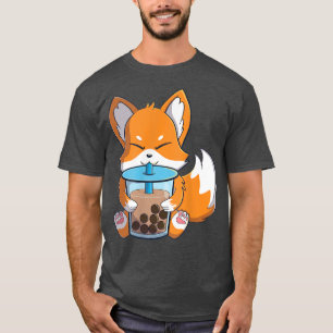 Camiseta kawaii zorro lindo bebiendo té de burbuja de té bo