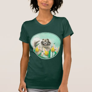 Camiseta Keeshond en tulipanes pintando arte original del p