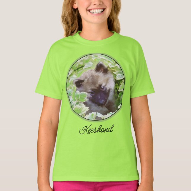 Camiseta Keeshond Puppy en el jardín pintando arte original (Anverso)