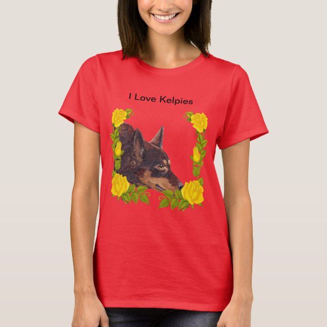 Camiseta Kelpie Rojo Australiano en Roses Amarillos (Anverso)