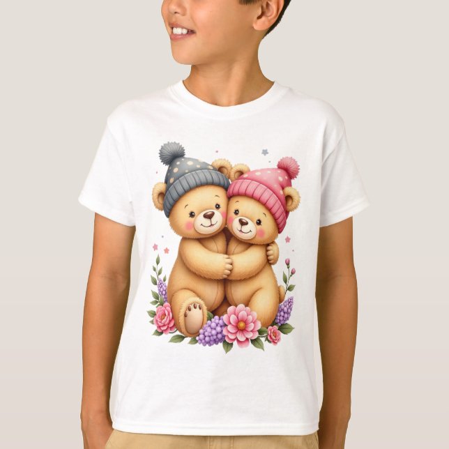 Camiseta Kid T-Shirt With Two Teddy Bears With Caps (Anverso)