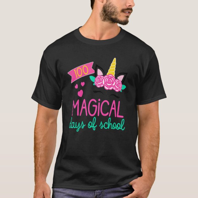 Camiseta Kids 100 Days Of School Girls Unicorn 100 Magical  (Anverso)