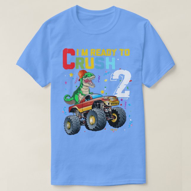 Camiseta Kids 2nd Birthday Boy Monster Truck Dinosaur T Rex (Diseño del anverso)