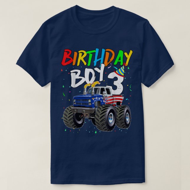 Camiseta Kids Birthday Boy 3 Year Old Monster Truck Flag 3r (Diseño del anverso)