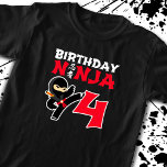 Camiseta Kids Birthday Ninja - 4 Year Old Party Theme<br><div class="desc">This Birthday Ninja 4 design makes a perfect gift for a 4 year old ninja birthday party. It features the Japanese symbol for Ninjutsu with a cartoon ninja doing a karate kick that the birthday boy or girl will love. This ninja birthday design for boys and girls is a perfect...</div>
