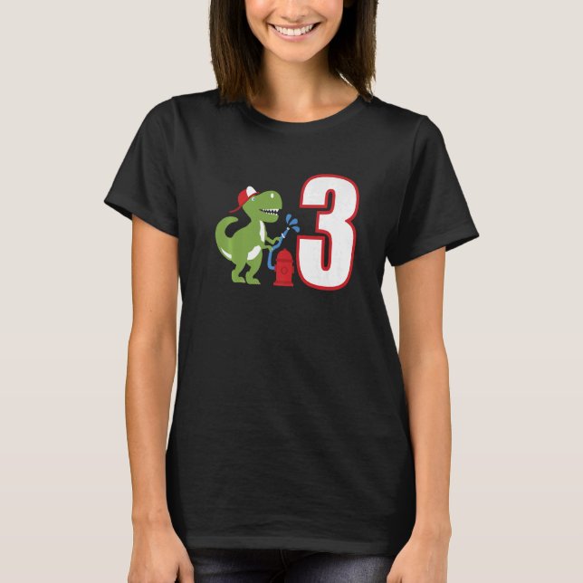Camiseta Kids Firefighter 3 cumpleaños Dinosaur Fire Truck (Anverso)