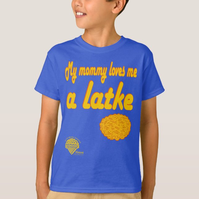 Camiseta Kids' Hanukkah Shirt - "My mommy loves me a latke" (Anverso)