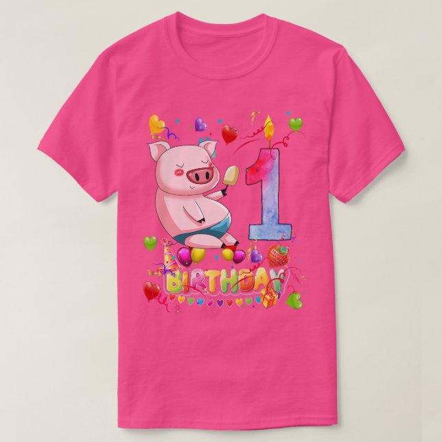 Camiseta Kids Kids Pig Birthday Party 1 Year Old Boy 1th Pi (Diseño del anverso)