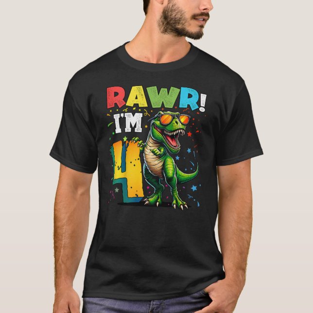 Camiseta Kids Rawr I'm 4 4th Birthday T Rex Dinosaur Party  (Anverso)