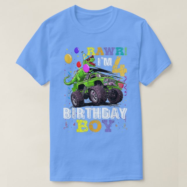 Camiseta Kids T Rex Dinosaur Monster Truck 4th Birthday  (Diseño del anverso)