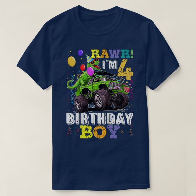 Camiseta Kids T Rex Dinosaur Monster Truck 4th Birthday Boy (Diseño del anverso)