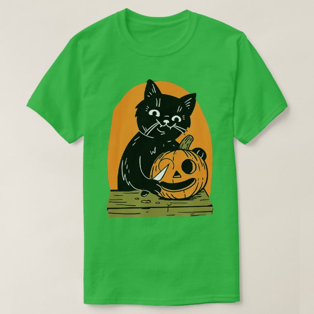 Camiseta Killer Halloween Scary Black Cat With Knife Pumpki (Diseño del anverso)