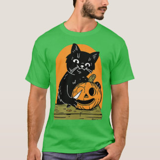 Camiseta Killer Halloween Scary Black Cat With Knife Pumpki