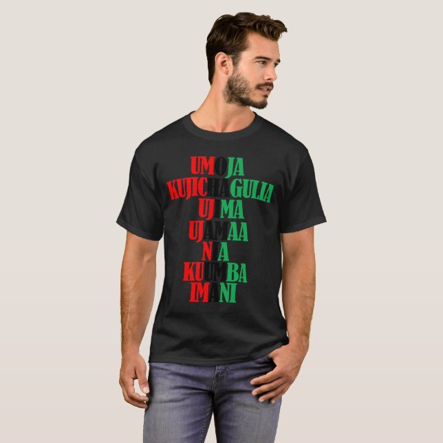 Camiseta Kinara Colores Textos Siete principios de Kwanzaa (Anverso completo)