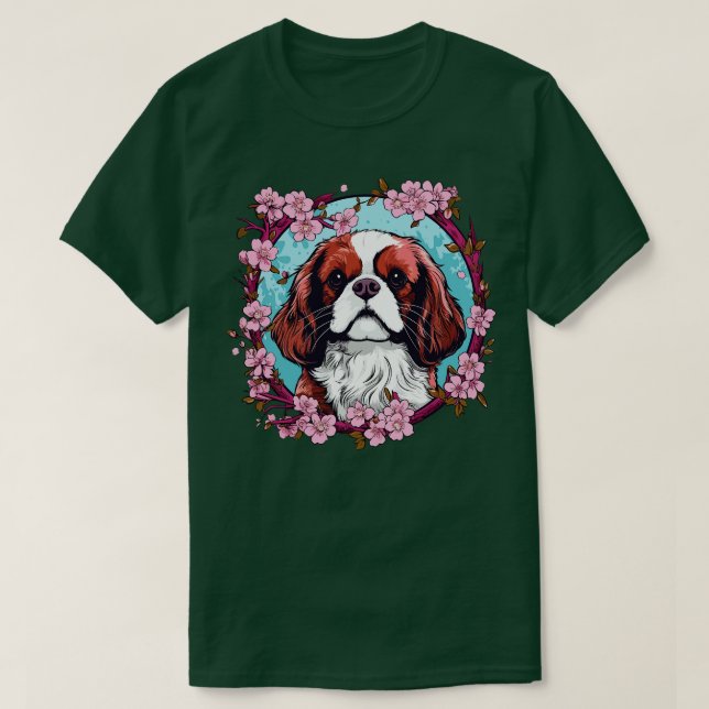 Camiseta King Charles Spaniel con flores de flores de flore (Diseño del anverso)