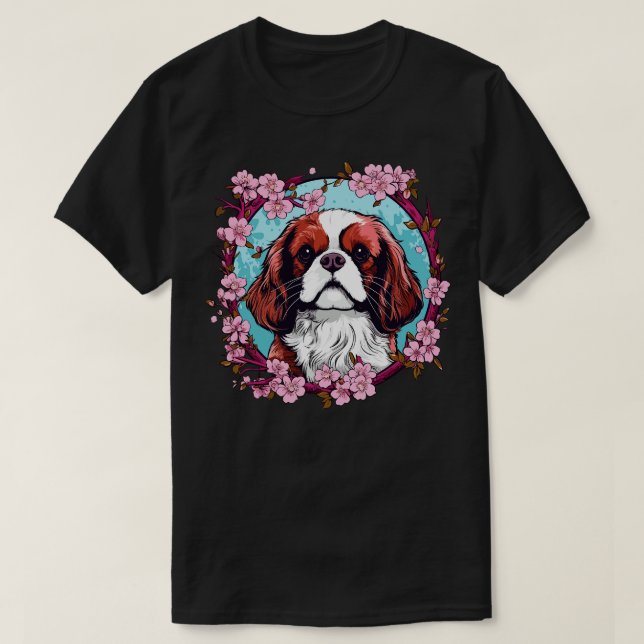 Camiseta King Charles Spaniel con flores de flores de flore (Diseño del anverso)