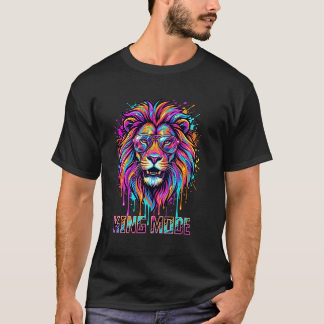 Camiseta King Mode Lion Shirt, Colorful Neon Lion Graphic   (Anverso)